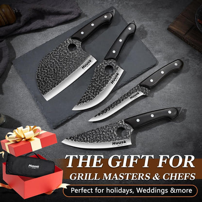 8PCS Butcher Knife Set with Roll Bag, Gifts for Men | Serbian Chef Knife Set with Sharpening Rod and Poultry Shears, Hand Forged Full Tang Meat Cleaver for BBQ, Camping, Kitchen5