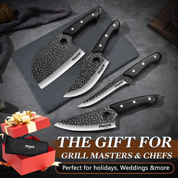8PCS Butcher Knife Set with Roll Bag, Gifts for Men | Serbian Chef Knife Set with Sharpening Rod and Poultry Shears, Hand Forged Full Tang Meat Cleaver for BBQ, Camping, Kitchen5