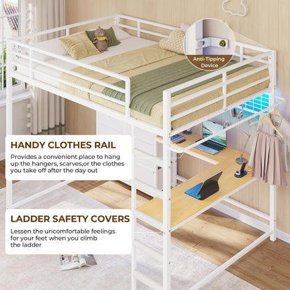 Full Loft Bed with L-Shaped Desk and 7 Storage Drawers, Metal Full Size Loft Bed for Teen with LED Lights and Charging Station,13.11" H Safety Guardrail and Ladder,No Box Spring Needed, White8