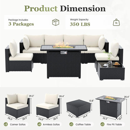 8 Pieces Patio Furniture Set with Fire Pit Table, Beige2