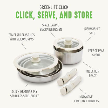 10 Piece Stainless Steel Pots and Pans, Detachable & Stackable Kitchen Set, Tri Ply Clad PFAS Free Cookware, Space Saving with Removable Handle, Induction & Oven Safe, RV Cookware, Glass Lid5