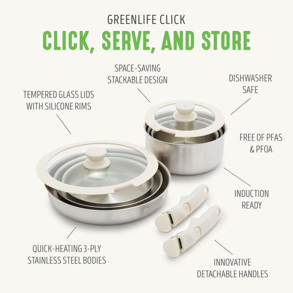 10 Piece Stainless Steel Pots and Pans, Detachable & Stackable Kitchen Set, Tri Ply Clad PFAS Free Cookware, Space Saving with Removable Handle, Induction & Oven Safe, RV Cookware, Glass Lid5