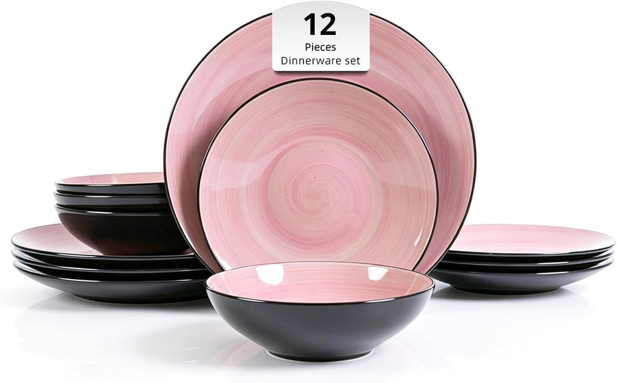 stoneware-dinnerware-set-sonoma-12-piece-service-for-4-black-speckled-pink-spinwash-plates-and-bowls-microwave-dishwasher-safe-pink