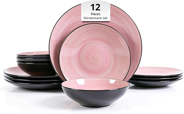 Stoneware Dinnerware Set, Sonoma 12 Piece Service for 4, Black & Speckled Pink Spinwash Plates and Bowls, Microwave & Dishwasher Safe, Pink1