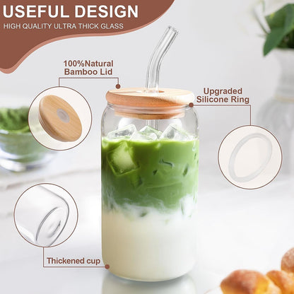 Iced Coffee Cups with Lids 2 Pcs,16 Oz Glass Cups with Lids and Straws as Coffee Bar Accessories,Beer Drinking Glasses,Reusable Glass Tumbler,Cute Coffee Cups for Coffee, Juice, Gifts6