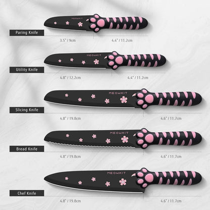 Cute Kitchen Knife Set, Dishwasher Safe, 5 Pieces Non-Stick Knives,Sharp for Chopping, Slicing, Dicing and Cutting, Cat Paw Handle2