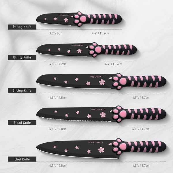 Cute Kitchen Knife Set, Dishwasher Safe, 5 Pieces Non-Stick Knives,Sharp for Chopping, Slicing, Dicing and Cutting, Cat Paw Handle2