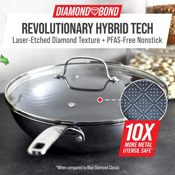 Hybrid Nonstick Stainless Steel 12” Wok with Lid, Pfas-Free Ceramic Diamond Bond Stir-Fry Pan, Induction Ready, Dishwasher & Oven Safe, Metal Utensil Safe, Stay-Cool Handle, Silver2