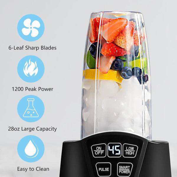 Personal Blender with 1200W-Peak-Watts, Smoothie Blender Smart Technology for Frozen Drinks, Shakes, Smoothies & Sauces, with Two 28-Oz To-Go Cups & Spout Lids, Black (2 * 28Oz Cups)3