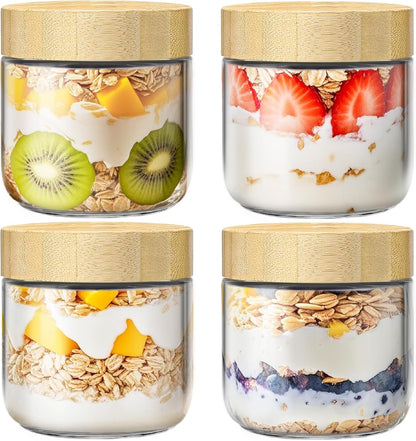 10 Oz Overnight Oats Containers with Bamboo Lids, Glass Mason Jars 4 Pack1