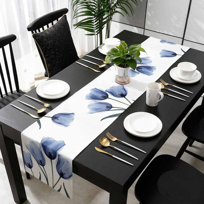 Floral Table Runner-Blue Tulip Cotton Linen-Long 90 Inche Dresser Scarves,Flower Rustic Tablerunner for Kitchen Coffee/Dining Table Bedroom Home Living Room,Summer Spring Holiday Dinner Scarf Decor5