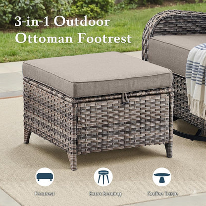 Luxury 6" Thick Cushioned 10 Pieces Patio Furniture Set with Fire Pit Table, Wicker Outdoor Conversation Set with High Back Swivel Rocker Chairs for Deck Porch Yard and Poolside - Grey+Grey9