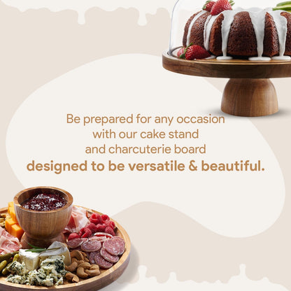 Wood Cake Stand with Lid, 2-In-1 Charcuterie Board, round Dome | Acacia Wood, 12In Cake Stand with Dome, Acrylic Cake Dome Cover, Charcuterie Board for Cheese, Chips & Dips, Fruit Platter5