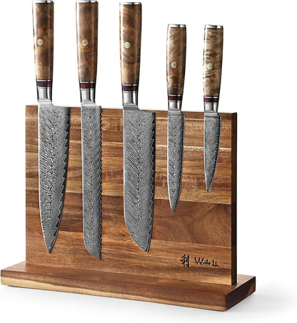 5-Piece Damascus Kitchen Knife Set with Magnetic Block, VG10 Core | Damascus Knife Set with Block: 67-Layer Damascus Steel, Sycamore Handles, Chef, Santoku, Bread, Utility and Paring Knives1