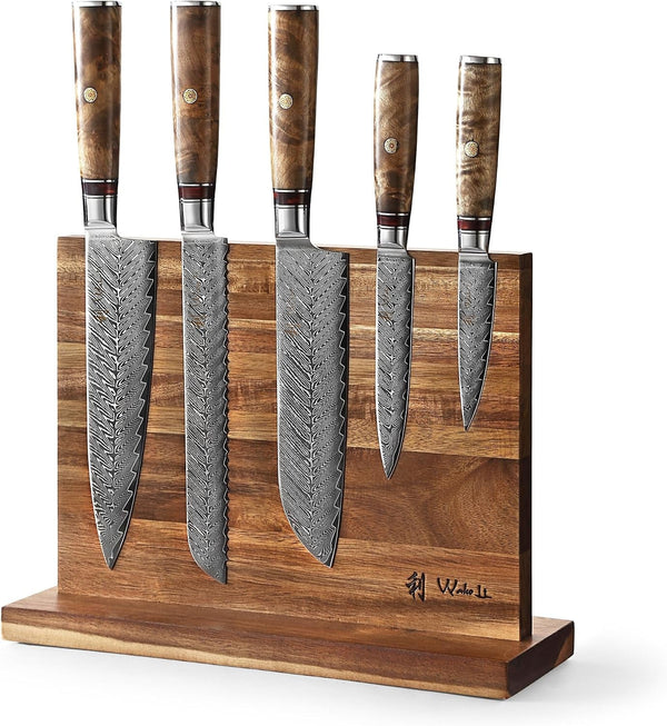 5-Piece Damascus Kitchen Knife Set with Magnetic Block, VG10 Core | Damascus Knife Set with Block: 67-Layer Damascus Steel, Sycamore Handles, Chef, Santoku, Bread, Utility and Paring Knives1