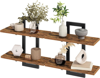 Floating Shelves for Wall, 15" Wall Shelf Set of 2, Wall Mounted Storage Shelves 2-Tier, Hanging Bathroom Shelves, for Living Room, Bedroom, Bathroom, Kitchen, Rustic Brown and Black BF32BJ01G110