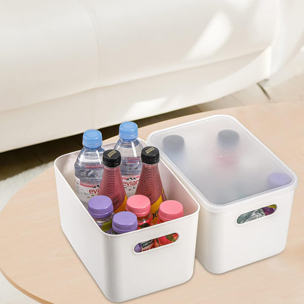 4 Pack Plastic Storage Bins with Lid, White Stackable Storage Basket Organizer Box, Sturdy Containers Organizing Lidded Bins for Shelves, Cabinet, Desk, Pantry, Bedroom, Book, Toys6