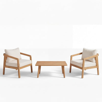 Sures Acacia Wood Club Chair and Coffee Table Set, 3 Piece Patio Bistro Set, Solid Wood Outdoor Patio Furniture Set with Center Table, Natural+Beige3