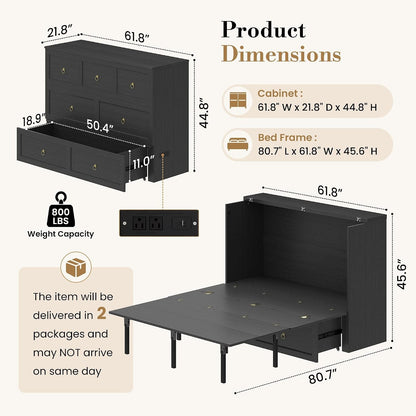 Queen Murphy Bed with Hidden Storage, Farmhouse Cabinet Bed with Storage Drawer, RGB LED Lights & Charging Station, Space-Saving Wall Bed with 6 Metal Legs, Black3