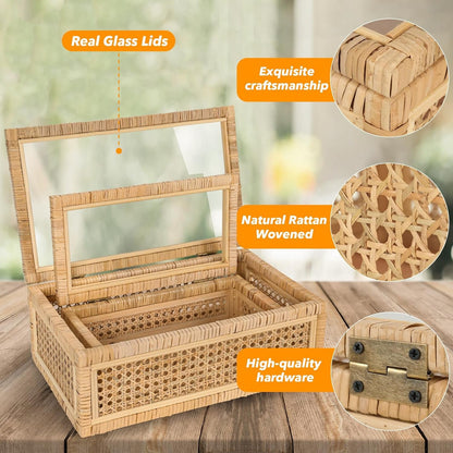 Large Handwoven Boho Rattan Display Boxes with Glass Lids Set of 2 | Rectangular Decorative Storage Bins Natural Woven Cane Home Decor Organizers (15.55" X 9.64" X 5.9" & 12.48" X 6.88" X 4.52")4