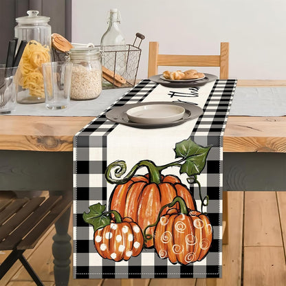 Fall Table Runner 13X90 Inch Long Linen Pumpkin Buffalo Plaid Decorations5