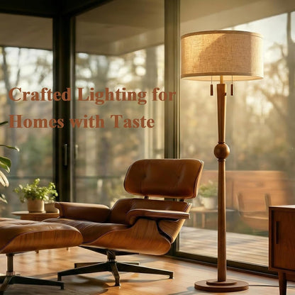 Solid Wood Floor Lamp for Living Room with Wooden Pull Chains | 62.8" Tall,Sculptural Wood Base & Stem,17" Linen Drum Shade,2-Light Standing Lamp for Bedroom & Reading Corner,Bulbs Included7