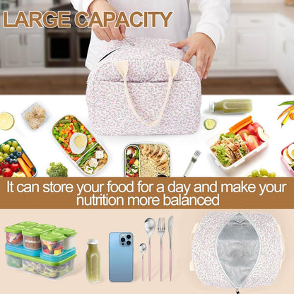 Cotton Quilted Insulated Lunch Bag, Reusable Quilted Floral Lunch Tote Bags5