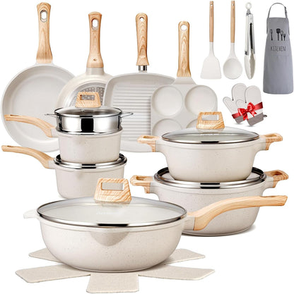 27PCS Nonstick Ceramic Pots and Pans Cookware Set with Gloves, Apron, Silicone Tools,Ivory1
