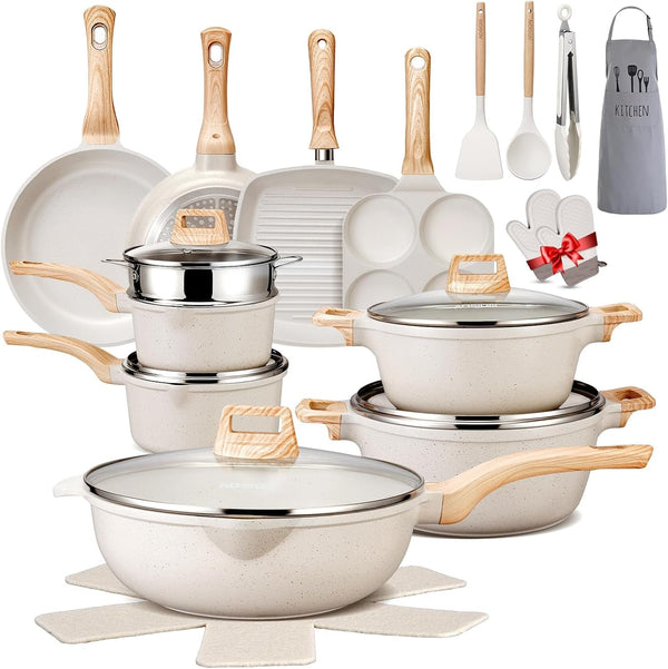 27PCS Nonstick Ceramic Pots and Pans Cookware Set with Gloves, Apron, Silicone Tools,Ivory1