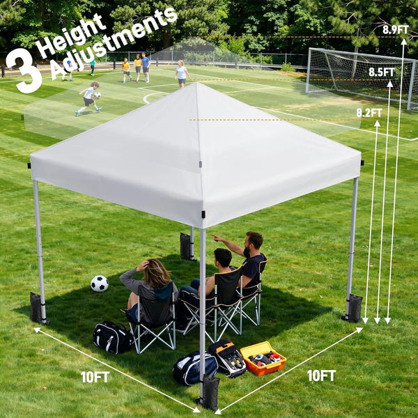 10X10 Pop up Canopy Tent with One-Push Center Lock,White | 3 Adjustable Heights, Carry Bag Included, Tents for Camping, Backyard, Beach, Parties and Outdoor Events4