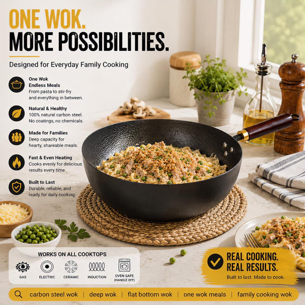 10” Carbon Steel Wok, Hand-Hammered Texture, Pre-Seasoned | Deep Sides Provide Room for Stir-Frying, Simmering, Braising, and Deep-Frying; Flat Bottom Stays Stable on All Cooktops.2