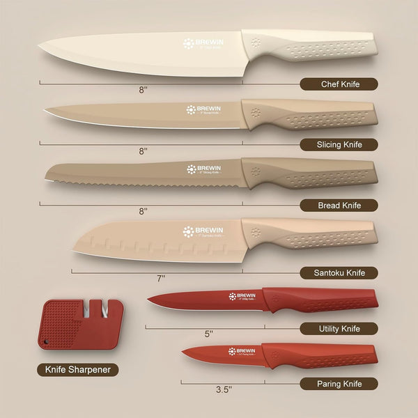 Knife Set, 13 Pieces Kitchen Knives Set with Sharpener, Anti-Rust Coating and Blade Guard, Home Essentials, Camping Essentials - Muliticolor5