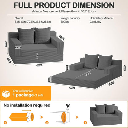 Convertible Sofa Bed, Loveseat Folding Floor Futon Sleeper Sofa Couch Bed- Boneless Foldable Couch, Corduroy Pull Out Sofa Bed with 2 Pillows for Living Room & Bedroom3