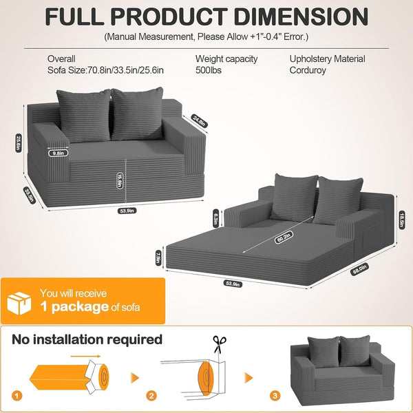 Convertible Sofa Bed, Loveseat Folding Floor Futon Sleeper Sofa Couch Bed- Boneless Foldable Couch, Corduroy Pull Out Sofa Bed with 2 Pillows for Living Room & Bedroom3
