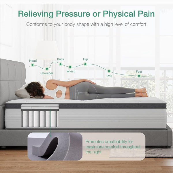 Queen Mattress, 12 Inch Hybrid Mattress Queen Combine Innerspring and Comfort Foam Layer, Pressure Relief & Motion Isolation, Medium Firm Feel3