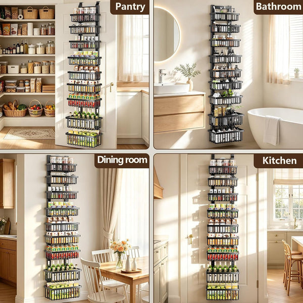 9 Tier Narrow over the Door Pantry Organizer, 2 in 1 Wall Mount or Hanging Spice Rack with Adjustable Deep Basket, Heavy-Duty Seasoning Organizer and Storage for Kitchen Closet Bathroom9