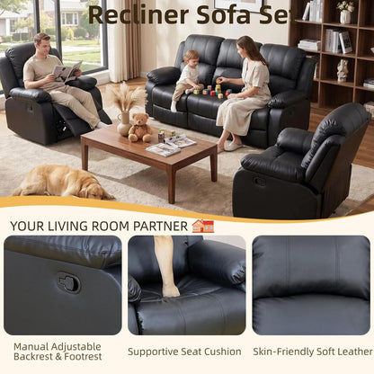 Manual Reclining Sofa Set, 2-Piece Living Room Furniture Set, Recliner Couch Loveseat，Faux Leather Sofa Set for Living Room/Apt/Home Theater/Office3
