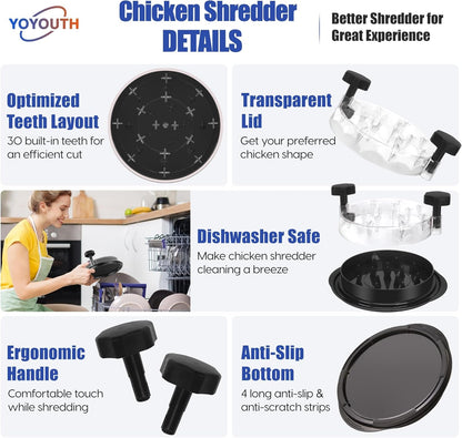 Chicken Shredder Tool Twist, Food-Grade Meat Shredder, Black | 2026 Pro, Visible Lid, Strong Anti-Slip Base, Ergonomic Handle, Chicken Breast Shredder, Suitable for Pork Beef Chicken2