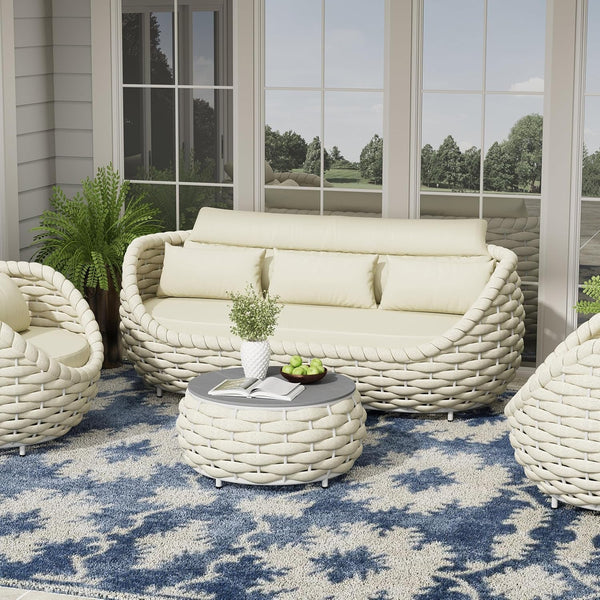 2-Piece Patio Furniture Set: Woven Rope Sofa with Coffee Table, Beige2