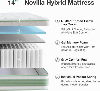 King Size Mattress 14 Inch, Hybrid Mattress in a Box|Gel Memory Foam & Individual Pocket Springs, Medium Firm, Motion Isolation, Cool Sleep & Pressure Relief, Certipur-Us3