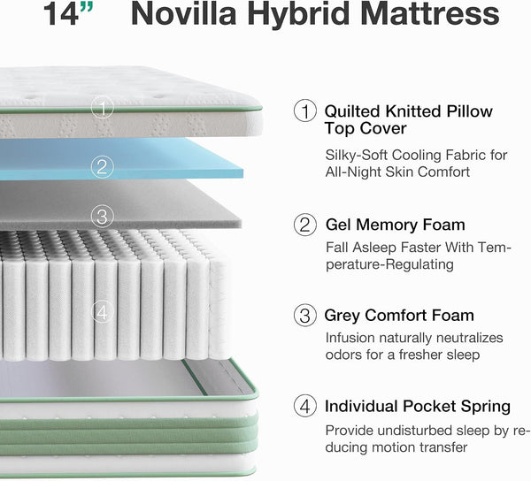 King Size Mattress 14 Inch, Hybrid Mattress in a Box|Gel Memory Foam & Individual Pocket Springs, Medium Firm, Motion Isolation, Cool Sleep & Pressure Relief, Certipur-Us3