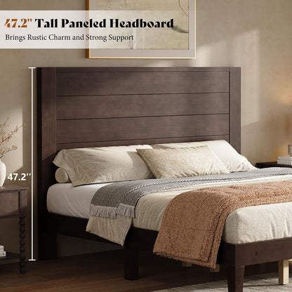 King Size Solid Wood Bed Frame with 48" Headboard Design, Walnut4