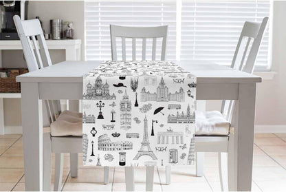 Table Runner Europe Travel Famous Places Hand Drawn Map,Cotton Linen Table Runner Decoration for Kitchen Family Dinner Table Holiday Party Farmhouse Style 13 X 72 Inch3