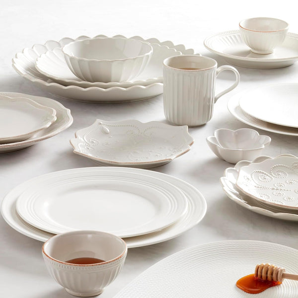 French Perle Scallop White Stoneware 18-Piece Dinnerware Set for 67