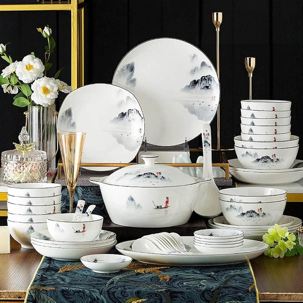 60-Piece Dinnerware Set,Exquisite Porcelain Tableware,Antiquity Chinese Style Porcelain Set,Ink Painting Design Dinner Dishes Set,Plates/Bowls/Spoons and Soup Pot,Service for 121
