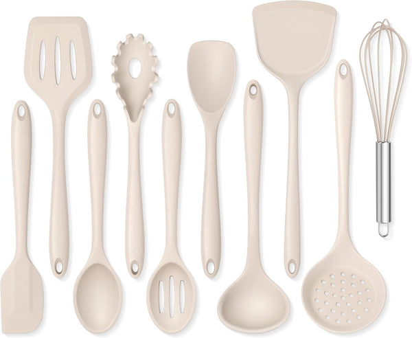 Silicone Cooking Utensils Set of 10, Kitchen Utensils for Nonstick Cookware, Heat Resistant & Nontoxic Spatula Set- Khaki1