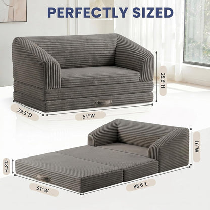 Loveseat 51 Inch, 2-In-1 Convertible Tri-Folding Sofa Bed with Thick Backrest & Carry Handle, Gray Foldable Couch Bed Lounger Sleeper Sofa for Living Room, Guest Room, Soft Corduroy3