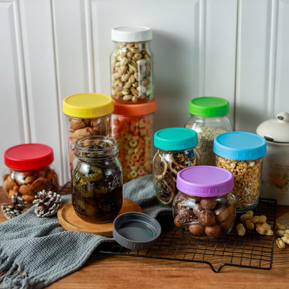 18 Pack 9 Wide Mouth & 9 Regular Mouth Mason Jar Lids with Silicone Rings,Thickened Leak-Proof Lids Fit Ball,Kerr and More, 18 Color Plastic Lids, 86Mm &70Mm Plastic Mason Jar Lids6