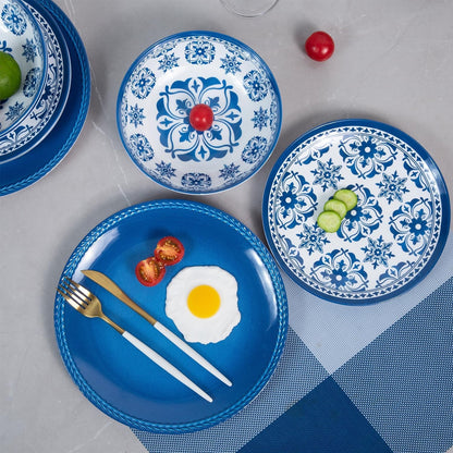 Melamine Dinnerware Set -12Pcs Outdoor and Indoor Plates and Bowls Set ,Service for 4, Dishwasher Safe, Blue Flower3