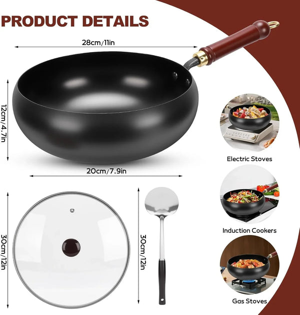 Suntuup Japanese Iron Pan, 28Cm/11In Cast Iron Wok (Glass Lid) | with Spatula, 2 Covers to Choose From, for Pots on Electric Stoves/Induction Cookers/Gas Stoves4
